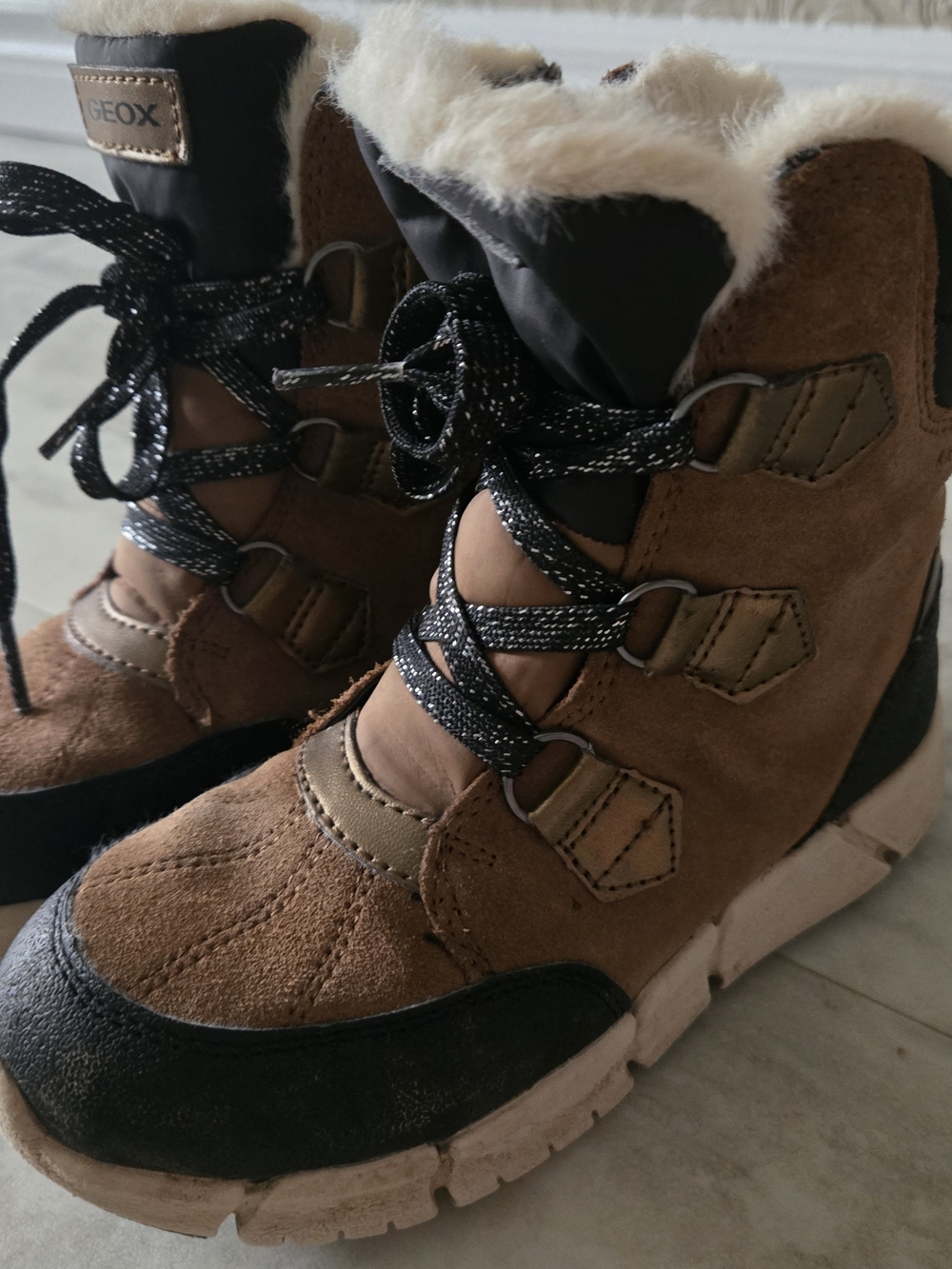 GEOX Kids (Size 12 Little Kid) Brown Suede Winter Ankle Boots with Faux Fur